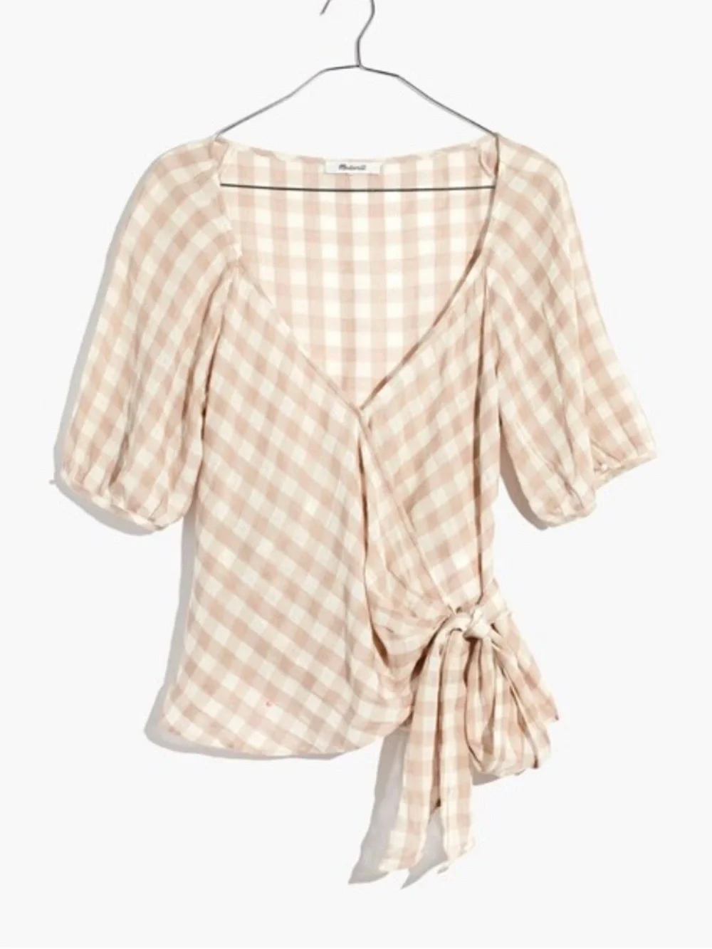 MADEWELL Sweetheart Wrap Tie Top In Beige Gingham Check Size Medium